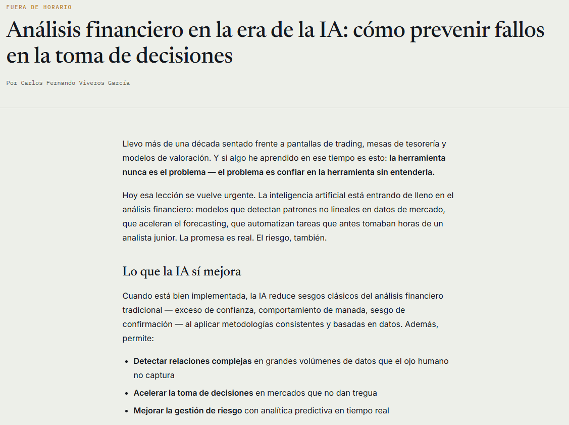 Ejemplo de artículo Fuera de Horario: Análisis financiero en la era de la IA, publicado en el Daily Briefing de ViSFI