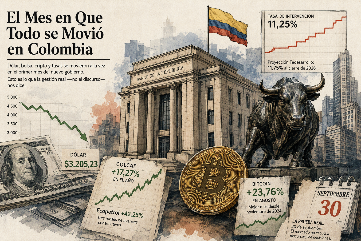 El Mes en Que Todo se Movió en Colombia — dólar, COLCAP, bitcoin y tasa de intervención, agosto 2026